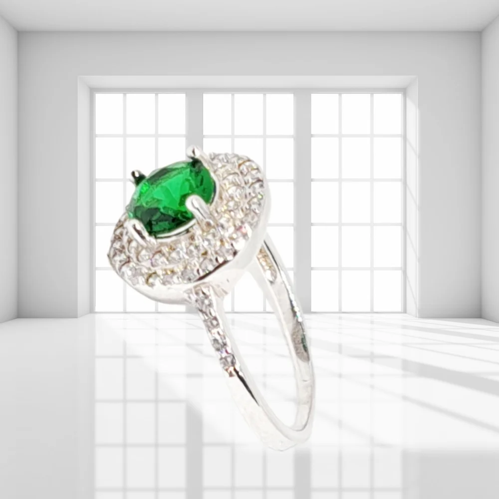 Created Emerald & Diamonds Sterling Silver Ring. NWOT